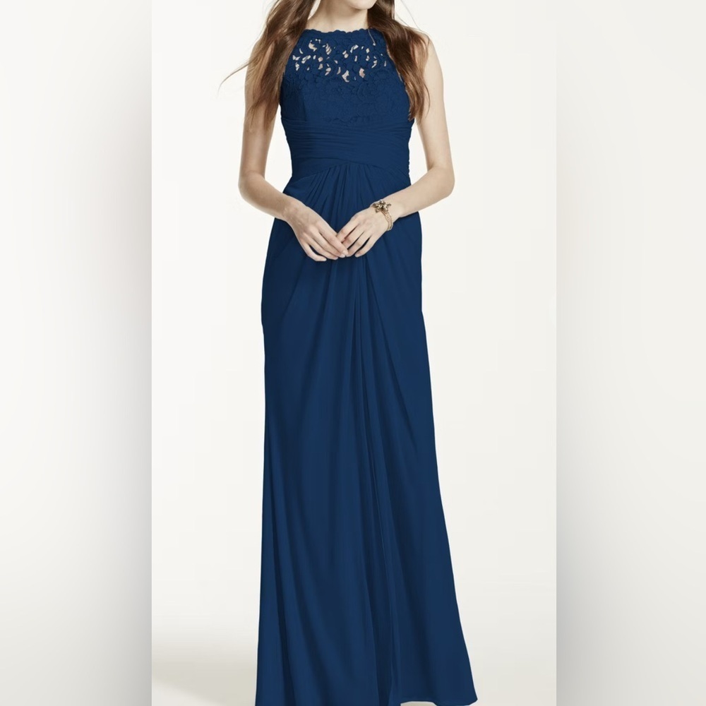 $169 David’s Bridal sleeveless long mesh dress with corded lace. Color NAVY NWT